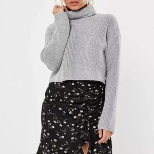 NWT Missguided Women Boho Tuttleneck Neck Cropped Sweater Knit Gray Petite 2P 4P